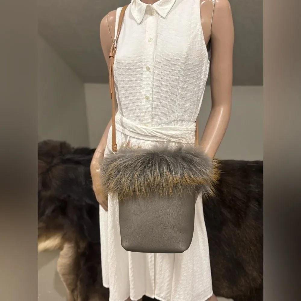 Premium Togo Cowhide with Real Fox Fur Trimmed Handmade Tote Bag/Crossbody